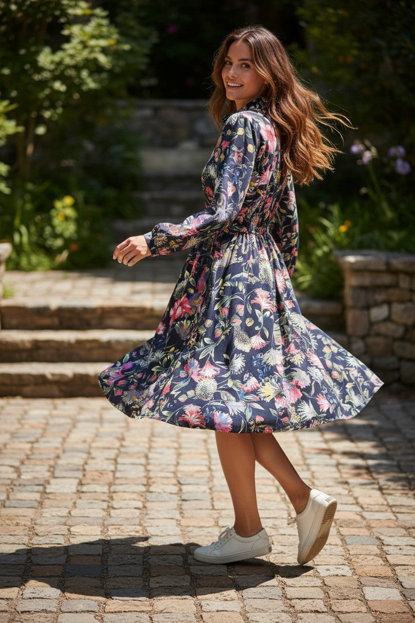 Lady Bear Resale navy floral print J. Crew dress, size XXS. Long sleeves, collared neckline, and cinched waist.
