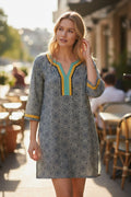 Lady Bear Resale blue and white geometric print lightweight Boden cover-up dress with yellow trim, size 6.