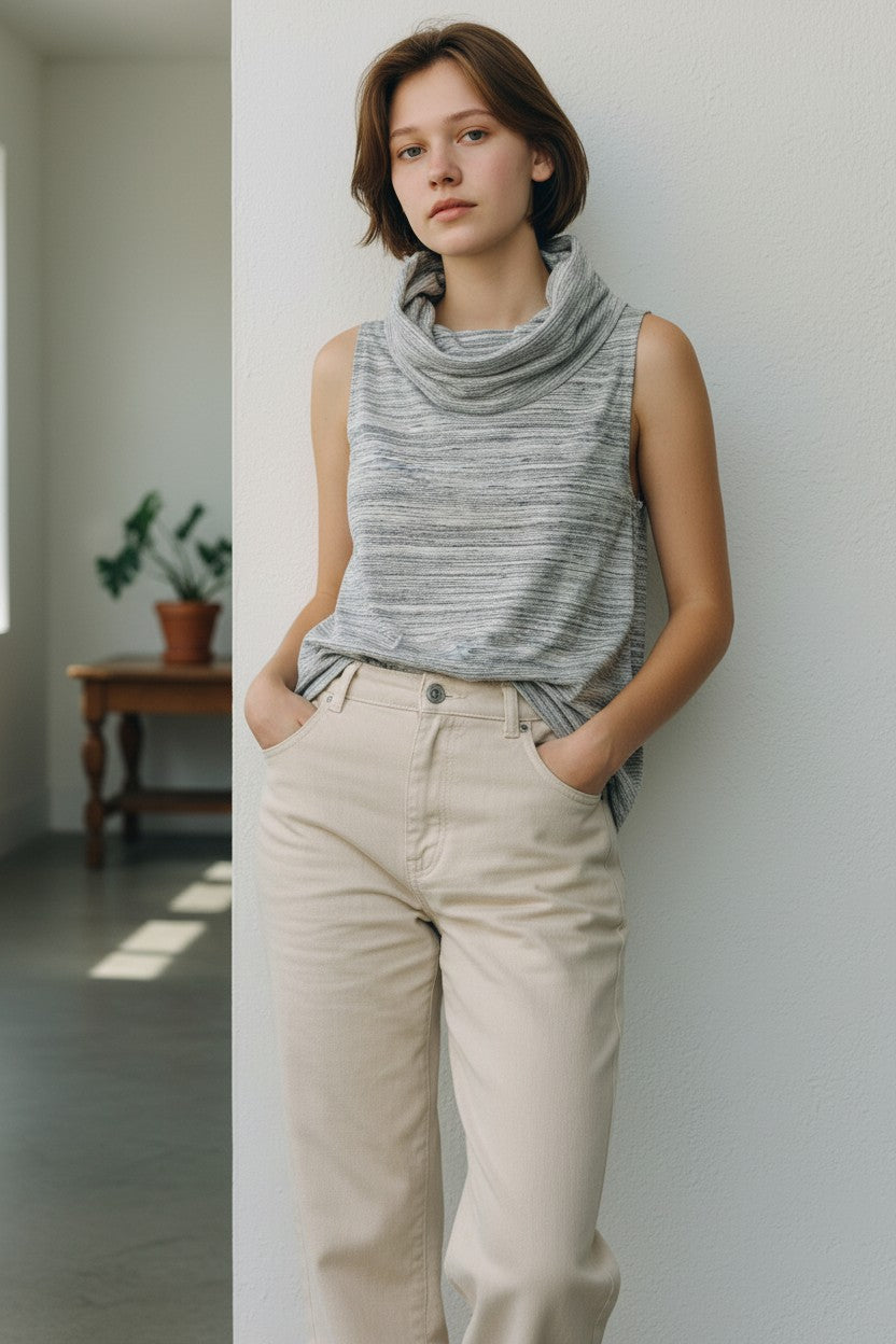 Lady Bear Resale Dolan grey marled sleeveless cowl neck shirt, size medium. Draped neckline, relaxed fit.