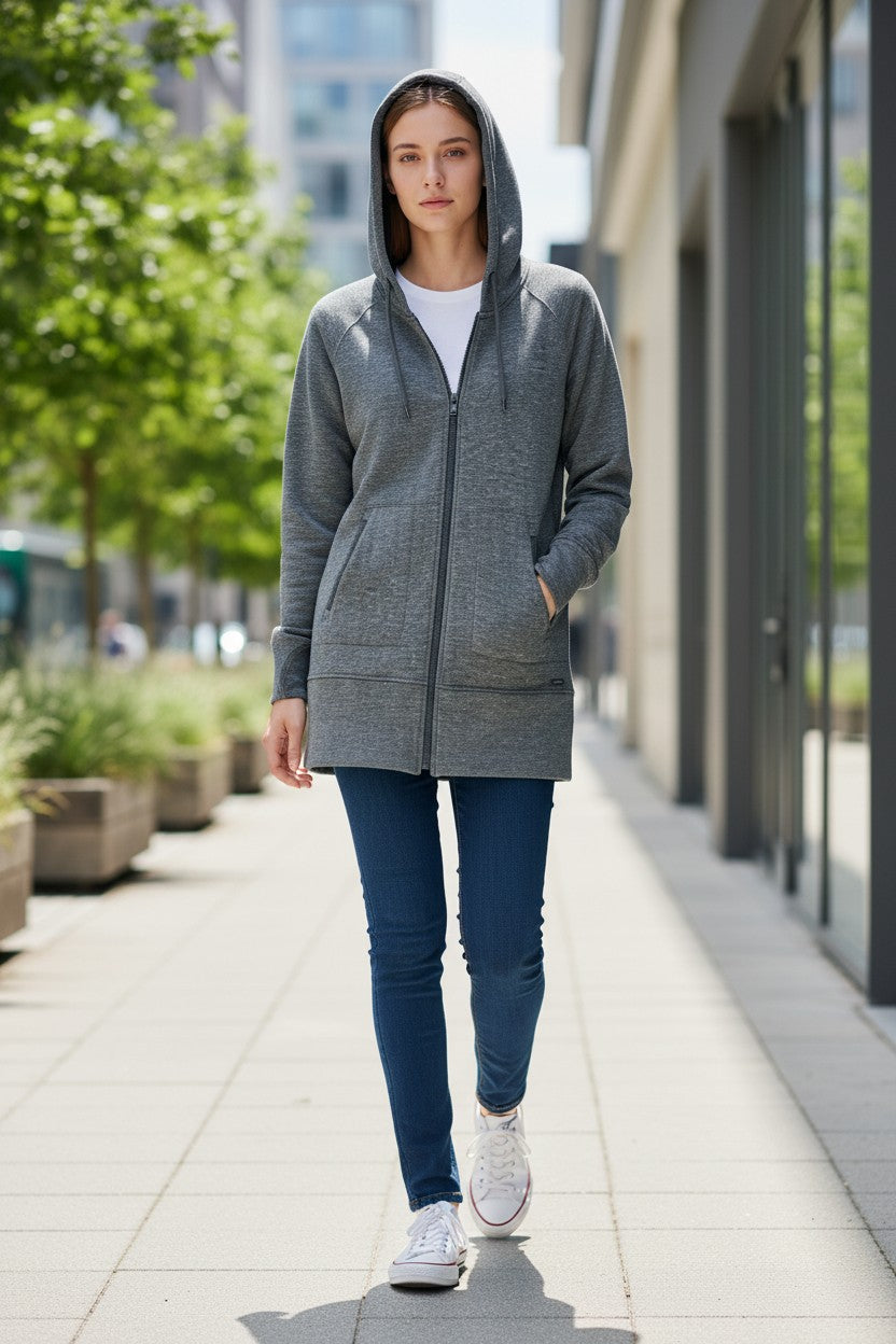Lady Bear Resale grey heathered Athleta hooded sweatshirt, size small, with full zip and zippered pockets.
