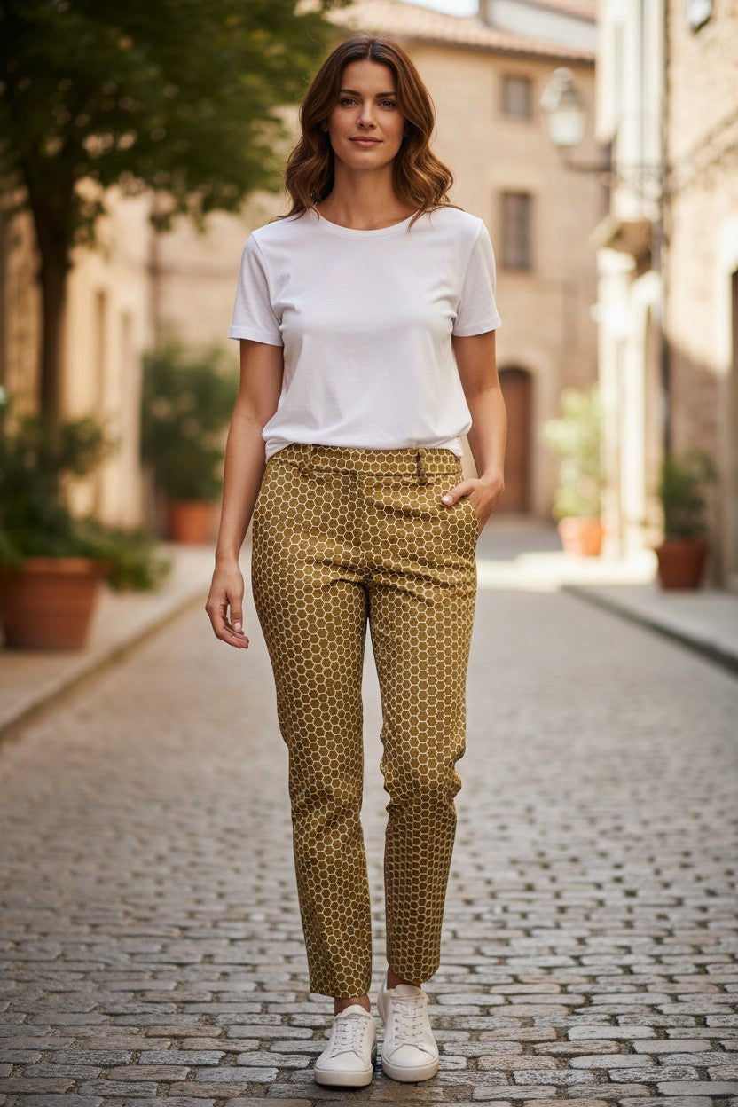 Lady Bear Resale J. Crew olive green City Fit pants with white dot pattern, size 2.