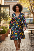 Lady Bear Resale navy blue wrap dress with a colorful abstract floral print in yellow, pink, green, and light blue. Petite size.
