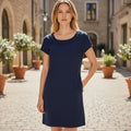 Lady Bear Resale navy blue J. Crew lightweight dress with short sleeves and decorative neckline, size 0.