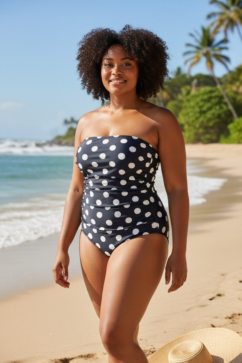 Lady Bear Resale navy blue and white polka dot bandeau bathing suit, size 8. Features ruching detail.