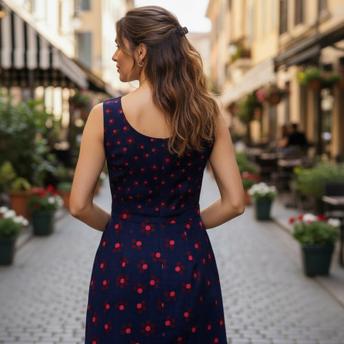Lady Bear Resale navy blue sleeveless pencil dress with red floral print and collar. Size 4P.
