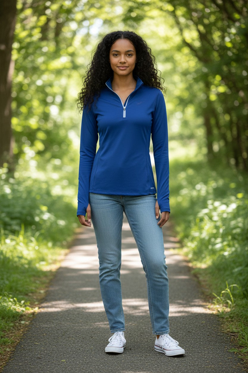 Lady Bear Resale Orvis blue long sleeve 1/4 zip pullover sun guard top, size small. Breathable fabric for outdoor activities.