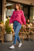 Lady Bear Resale J. Crew pink eyelet long sleeve top with ruffled neckline, size Medium.