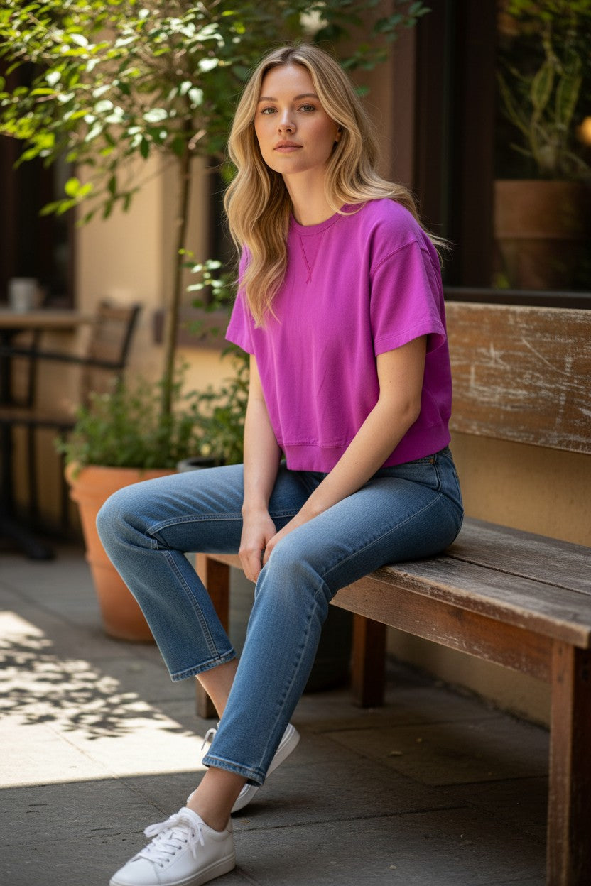 Lady Bear Resale purple Athleta short sleeve sweatshirt, size L. Features crew neck with contrast stitching and ribbed hem.